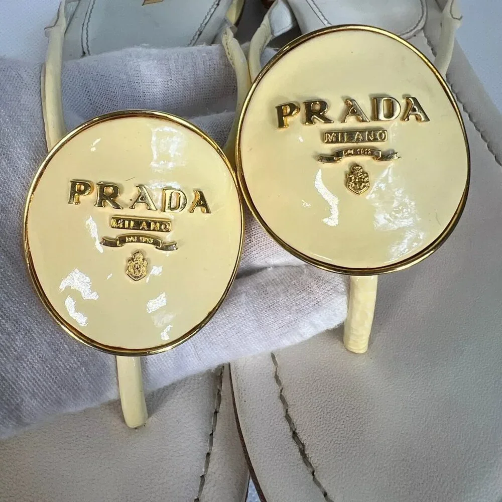 Prada Cream Enamel Logo Plaque Leather Flip Flop Sandals Size EU 40 Womens - Picture 14 of 16